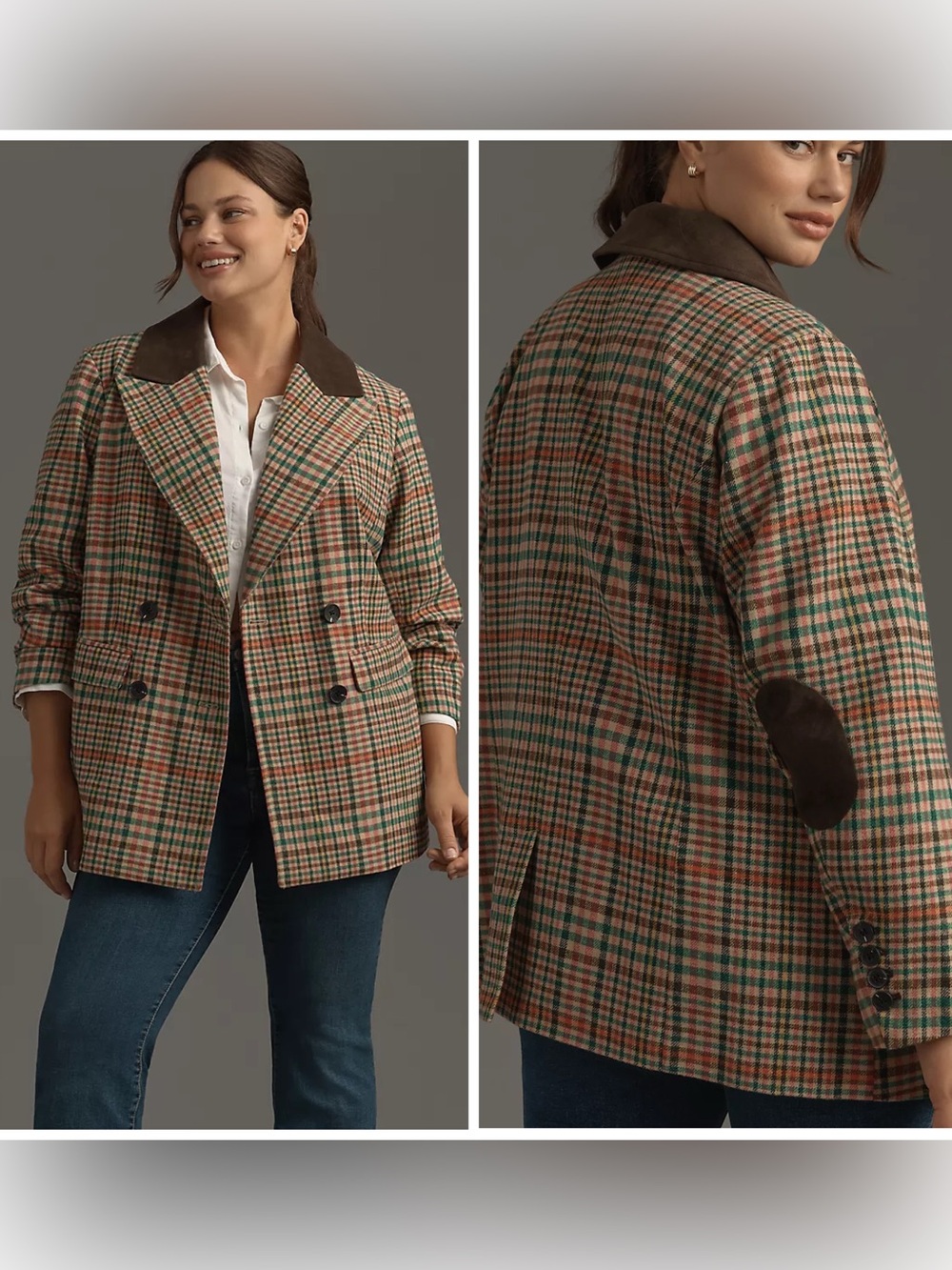 Anthropologie Avec Les Filles Brown Plaid Jacket Double Breasted Elbow Patch 1X